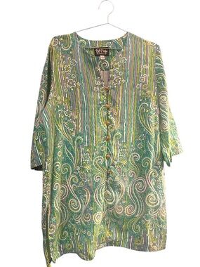 Bob Mackie Wearable Art Green Paisley Tunic Top Side Slits Linen Blend Size L